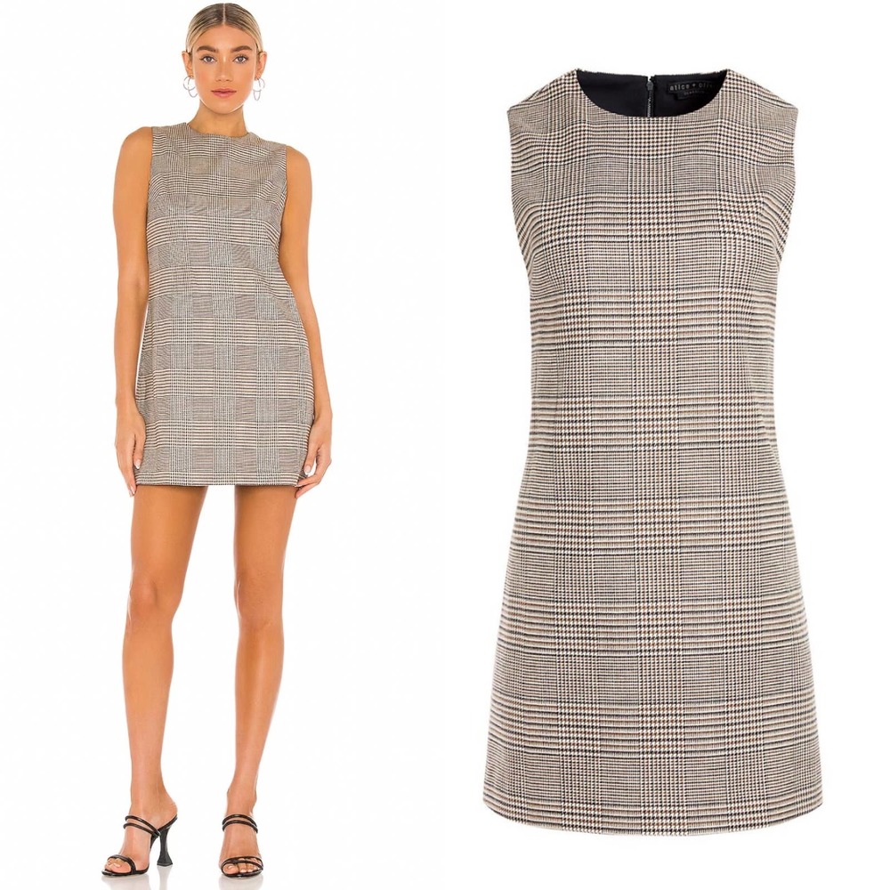 Alice + Olivia Coley Crew Neck Dress Afterglow Plaid Brown Tan Size 6